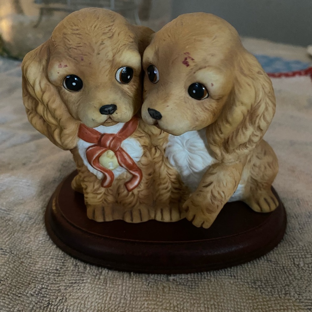 Homco Tan and White Ceramic Puppy Pair with Red Bow Accent